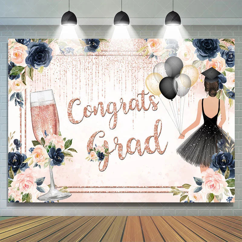 Lofaris Dark Blue Floral Pink Glitter Congrats Grad Backdrop