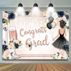 Lofaris Dark Blue Floral Pink Glitter Congrats Grad Backdrop