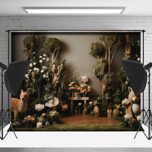 Lofaris Dark Green Trees Animal Wood Birthday Photo Backdrop