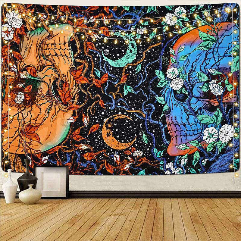 Lofaris Death Gaze Floral Orange Blue Skull Moon Tapestry