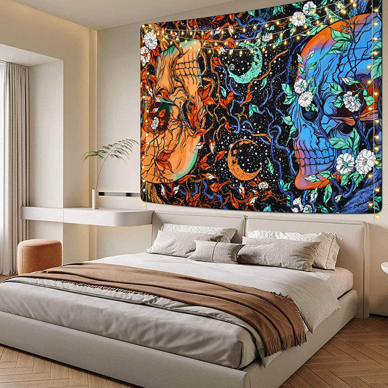 Lofaris Death Gaze Floral Orange Blue Skull Moon Tapestry