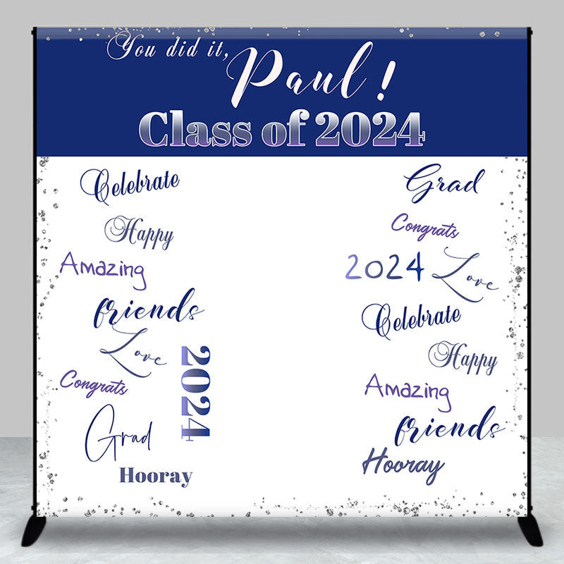 Lofaris Deep Blue White Custom Graduation Party Backdrop