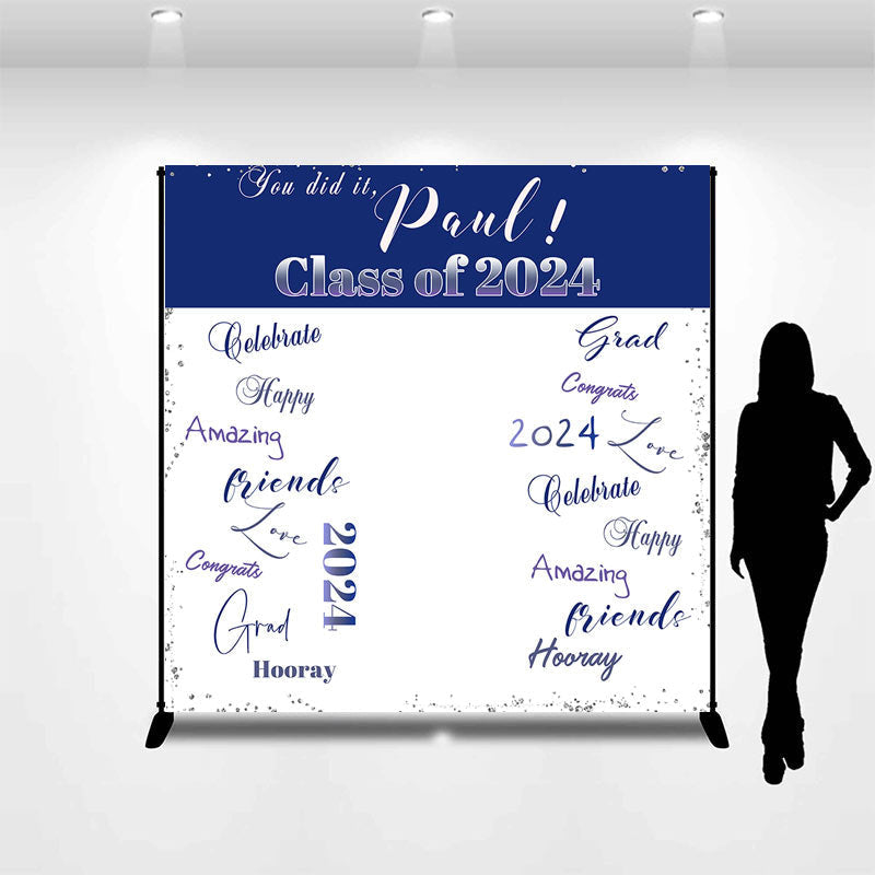 Lofaris Deep Blue White Custom Graduation Party Backdrop