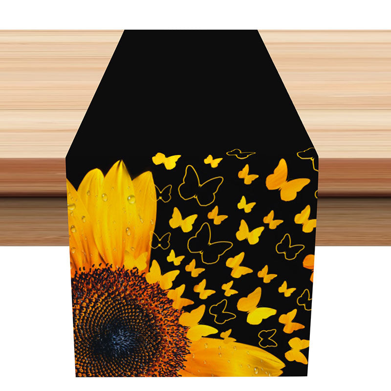Lofaris Dew Sunflower Butterfly Black Summer Table Runner