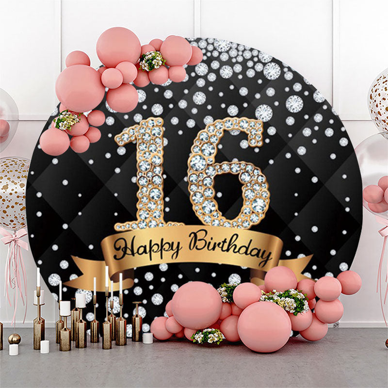 Lofaris Diamond Black Gold Happy 16th Birthday Round Backdrop