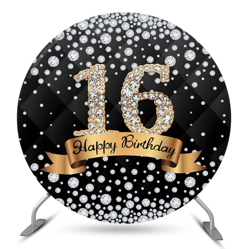 Lofaris Diamond Black Gold Happy 16th Birthday Round Backdrop