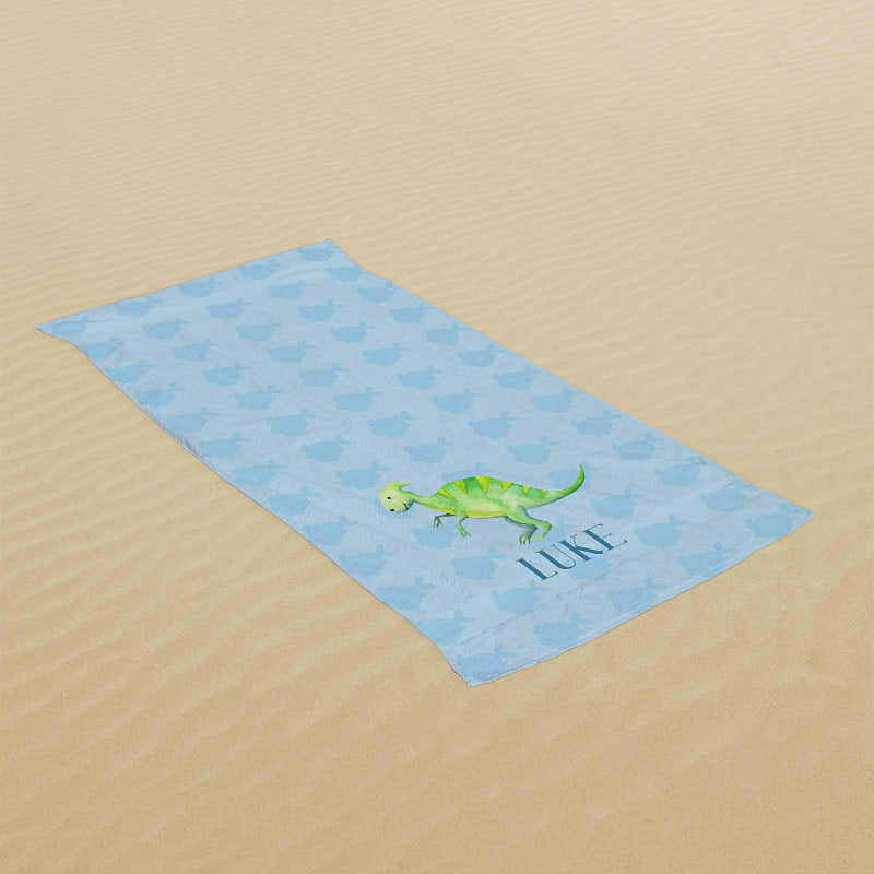 Lofaris Dinosaur Blue Custom Name Beach Towel as Gifts