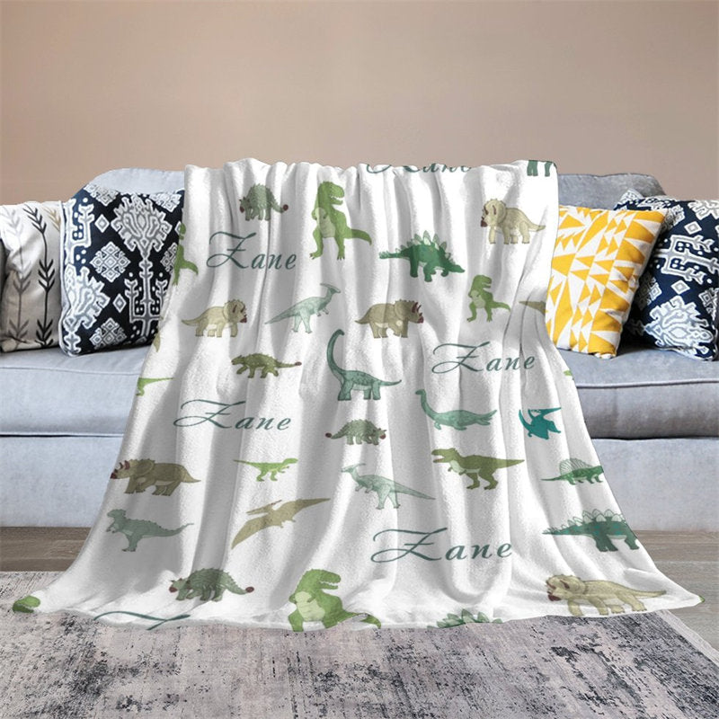 Lofaris Dinosaur Personalized Green Baby Name Blanket