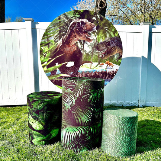 Lofaris Dinosaurs Tropical Green Leaves Boy Round Birthday Backdrop Kit