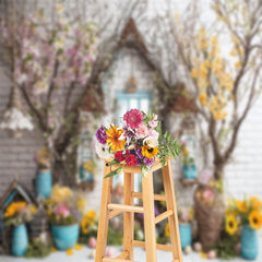 Lofaris Eggs Yellow Floral Brick Wall Easter Photo Backdrop