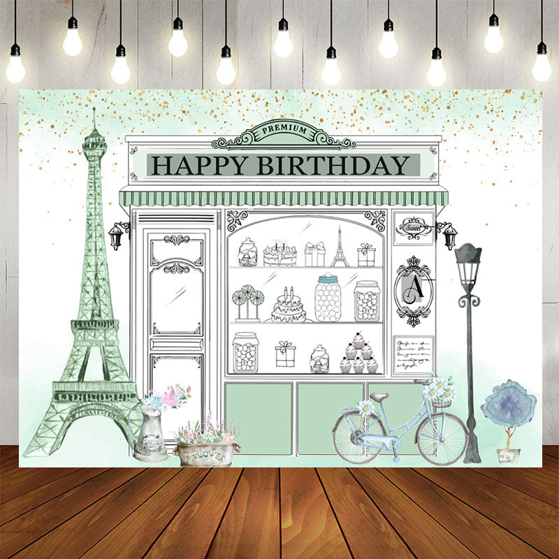 Lofaris Eiffel Tower Pale Green Shopwindow Birthday Backdrop