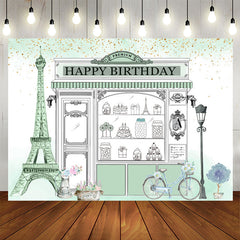 Lofaris Eiffel Tower Pale Green Shopwindow Birthday Backdrop