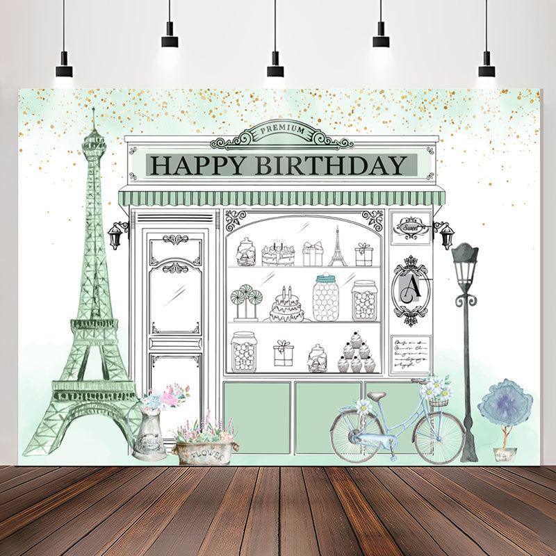 Lofaris Eiffel Tower Pale Green Shopwindow Birthday Backdrop