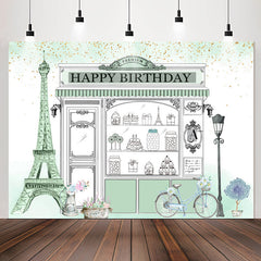 Lofaris Eiffel Tower Pale Green Shopwindow Birthday Backdrop