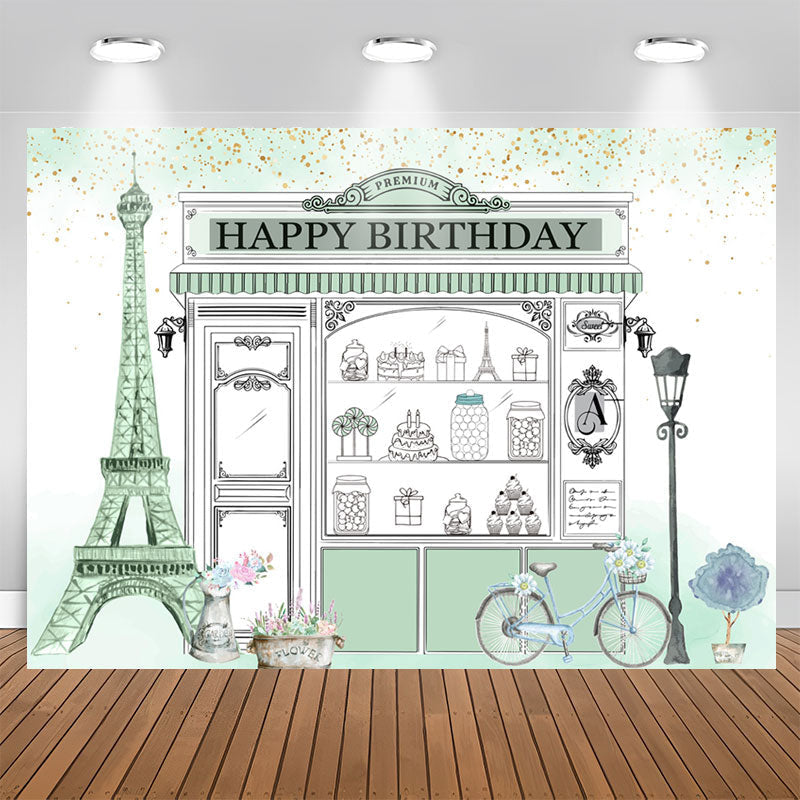 Lofaris Eiffel Tower Pale Green Shopwindow Birthday Backdrop
