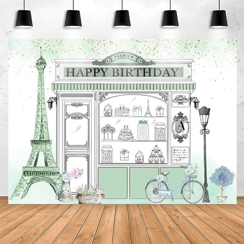 Lofaris Eiffel Tower Pale Green Shopwindow Birthday Backdrop