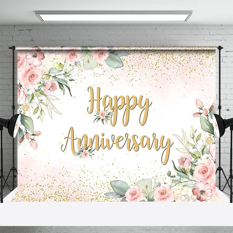 Lofaris Elegant Boho Floral Gold Happy Anniversary Backdrop