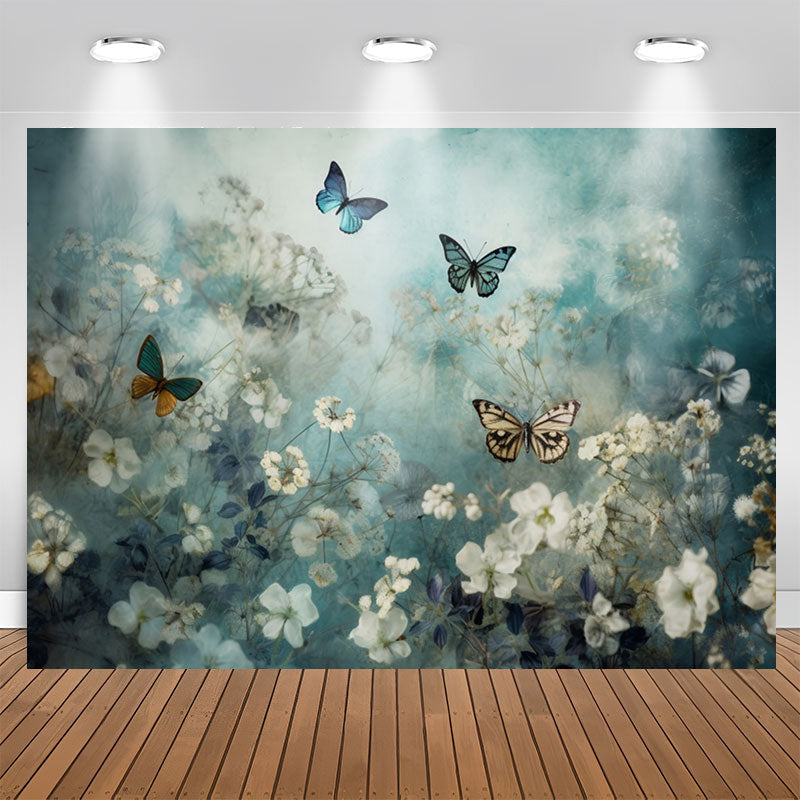 Lofaris Elegant Butterflies Floral Blue Birthday Backdrop