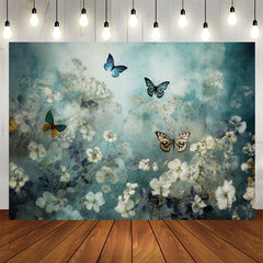 Lofaris Elegant Butterflies Floral Blue Birthday Backdrop