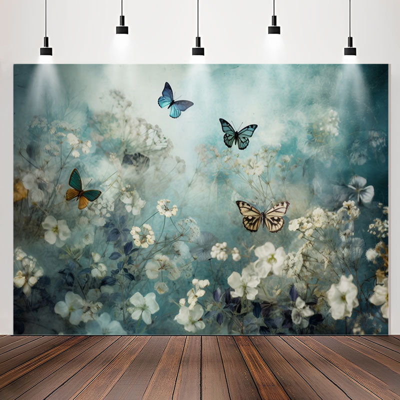 Lofaris Elegant Butterflies Floral Blue Birthday Backdrop