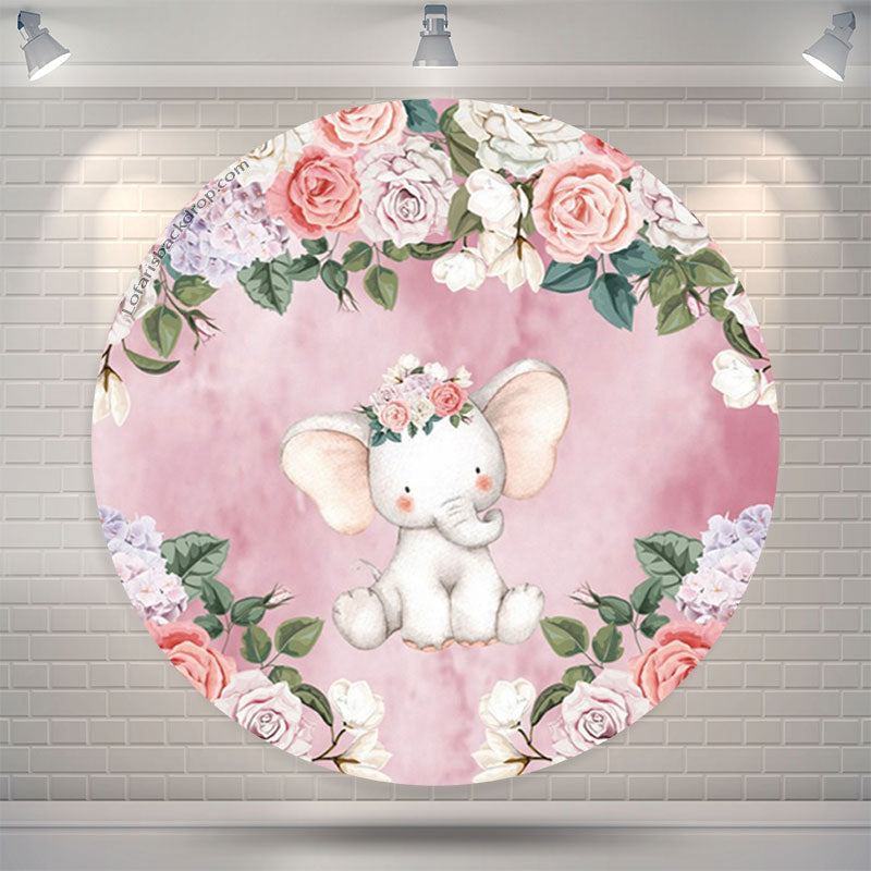 Lofaris Elephant Floral Girls Baby Shower Round Backdrop