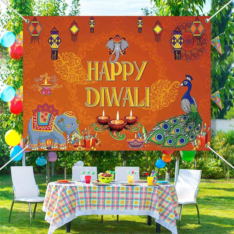 Lofaris Elephant Peacock Lights Orange Color Diwali Backdrop