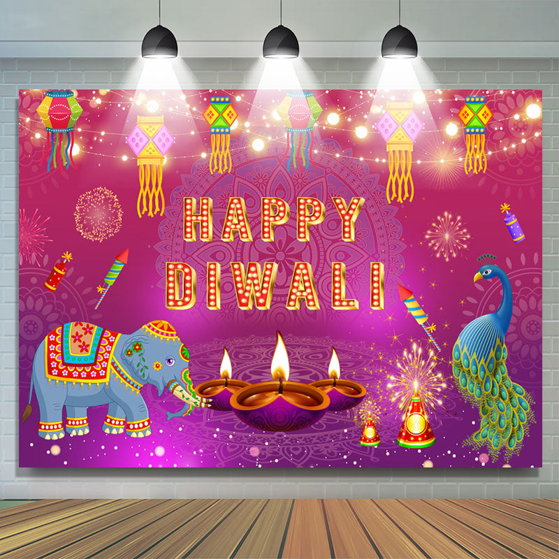 Lofaris Elephant Peacock Spark Lights Happy Diwali Backdrop