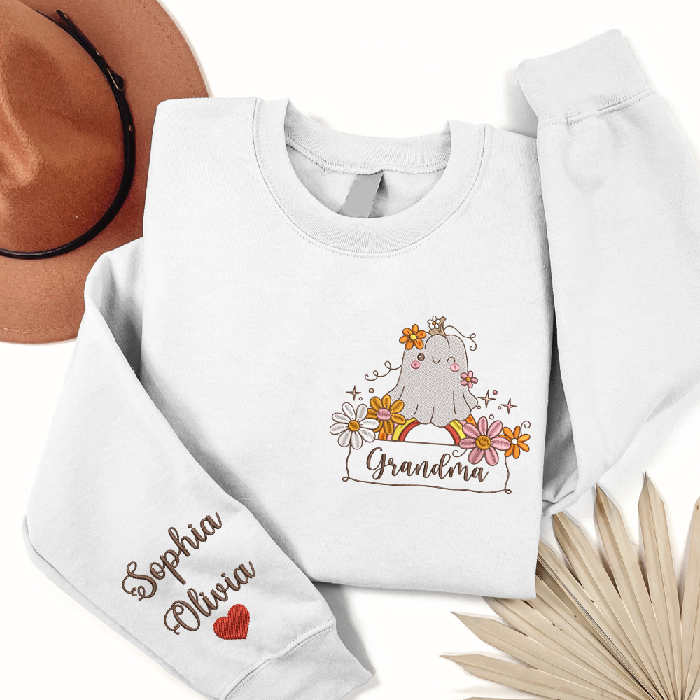 Lofaris Embroidered Boo Flower Custom Grandma Sweatshirt