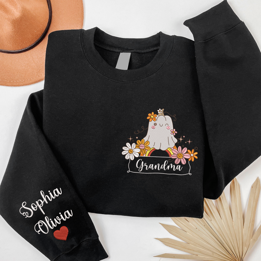 Lofaris Embroidered Boo Flower Custom Grandma Sweatshirt