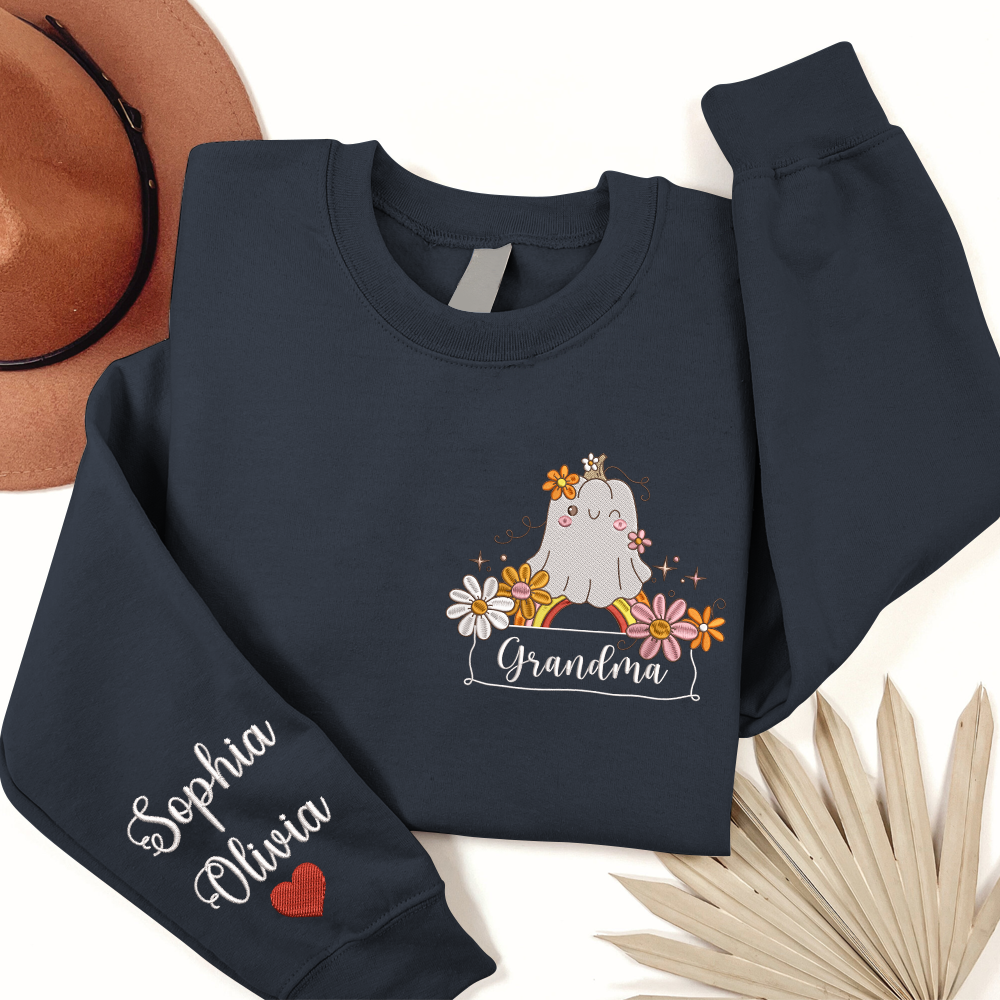 Lofaris Embroidered Boo Flower Custom Grandma Sweatshirt