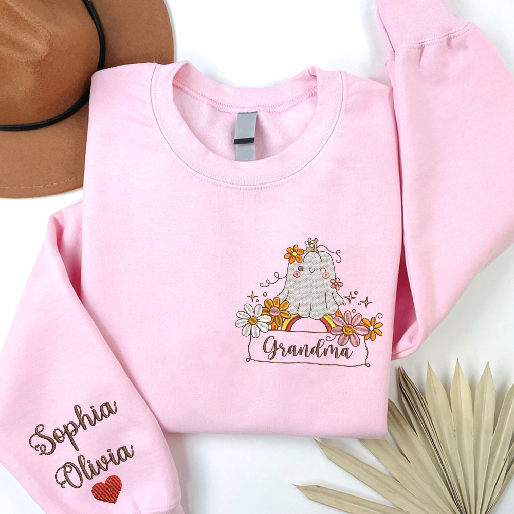 Lofaris Embroidered Boo Flower Custom Grandma Sweatshirt