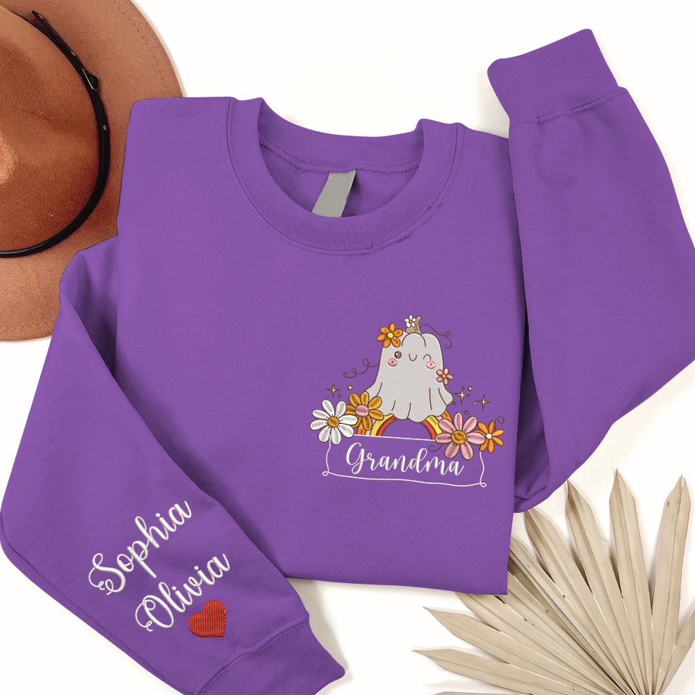 Lofaris Embroidered Boo Flower Custom Grandma Sweatshirt