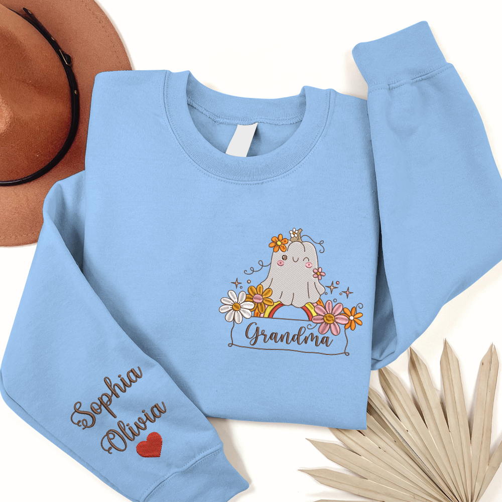 Lofaris Embroidered Boo Flower Custom Grandma Sweatshirt