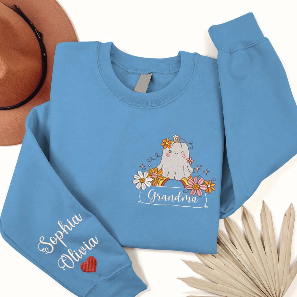 Lofaris Embroidered Boo Flower Custom Grandma Sweatshirt