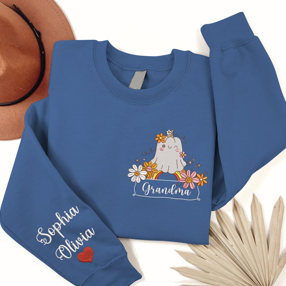 Lofaris Embroidered Boo Flower Custom Grandma Sweatshirt