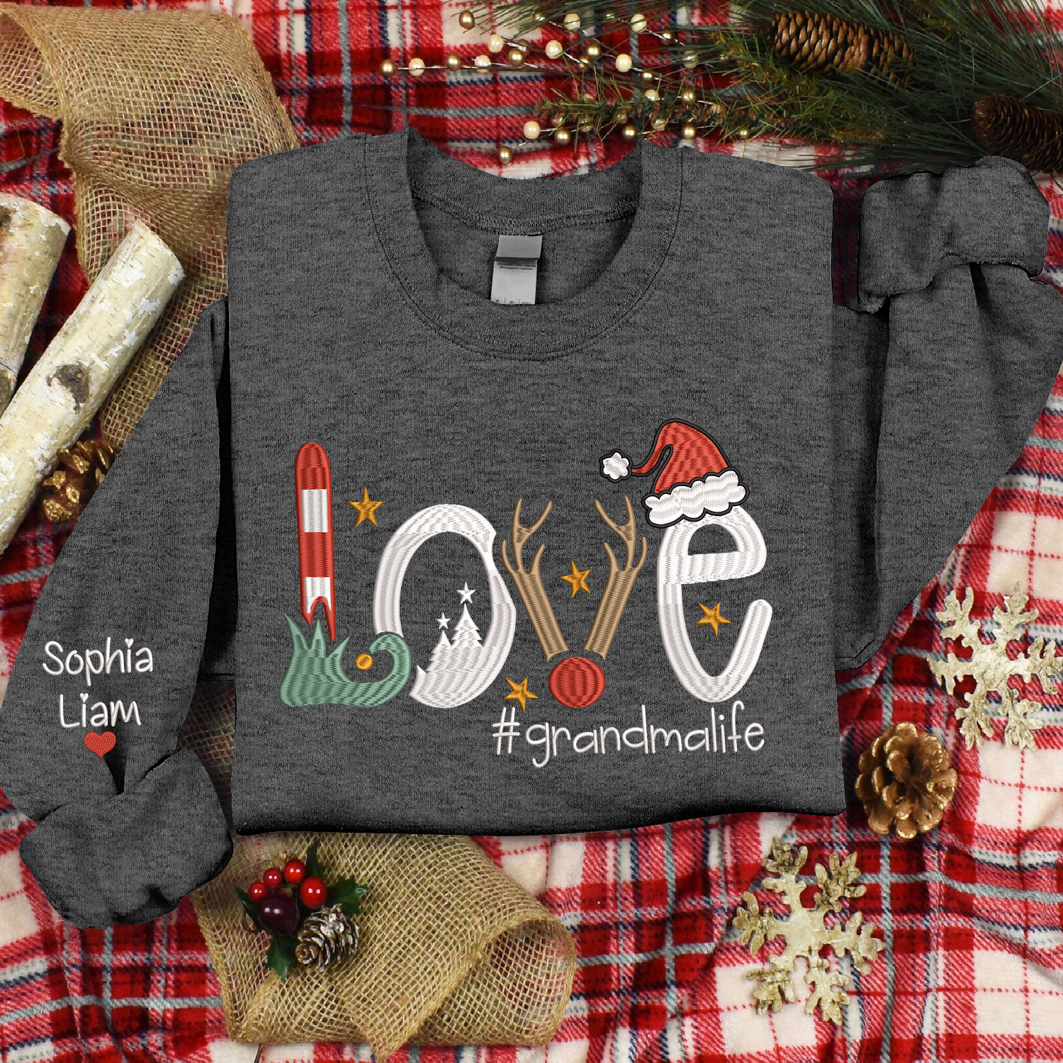 Lofaris Embroidered Christmas Love Custom Gradma Sweatshirt