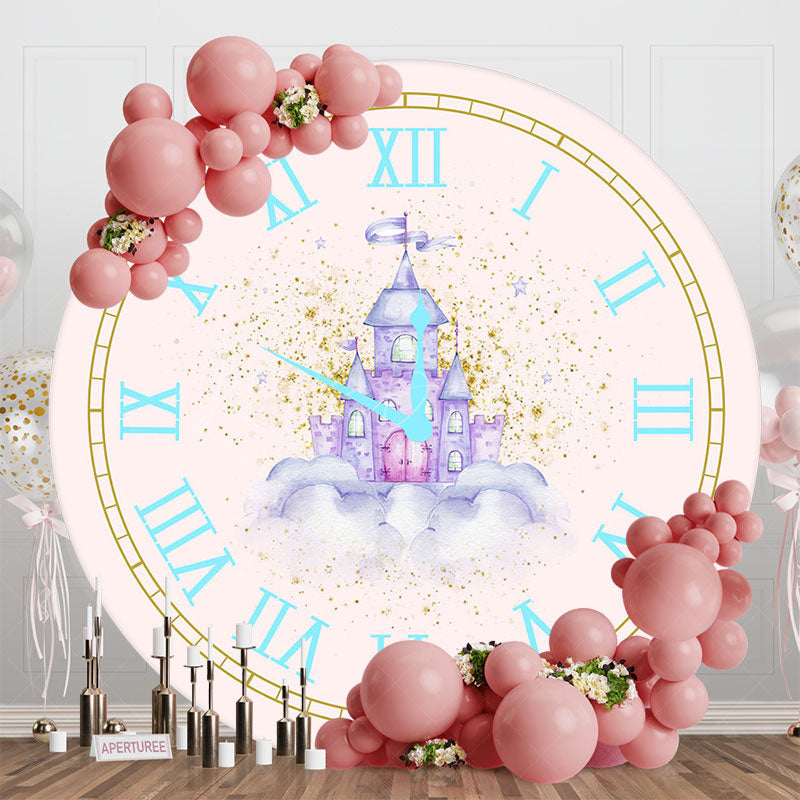 Lofaris Fairy Tale Pink Clock Castle Round Birthday Backdrop