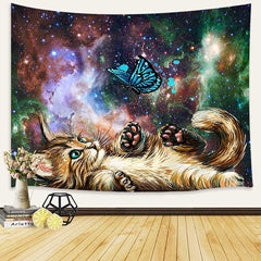 Lofaris Fantasy Galaxy Blue Butterfly Cute Cat Wall Tapestry