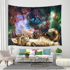 Lofaris Fantasy Galaxy Blue Butterfly Cute Cat Wall Tapestry