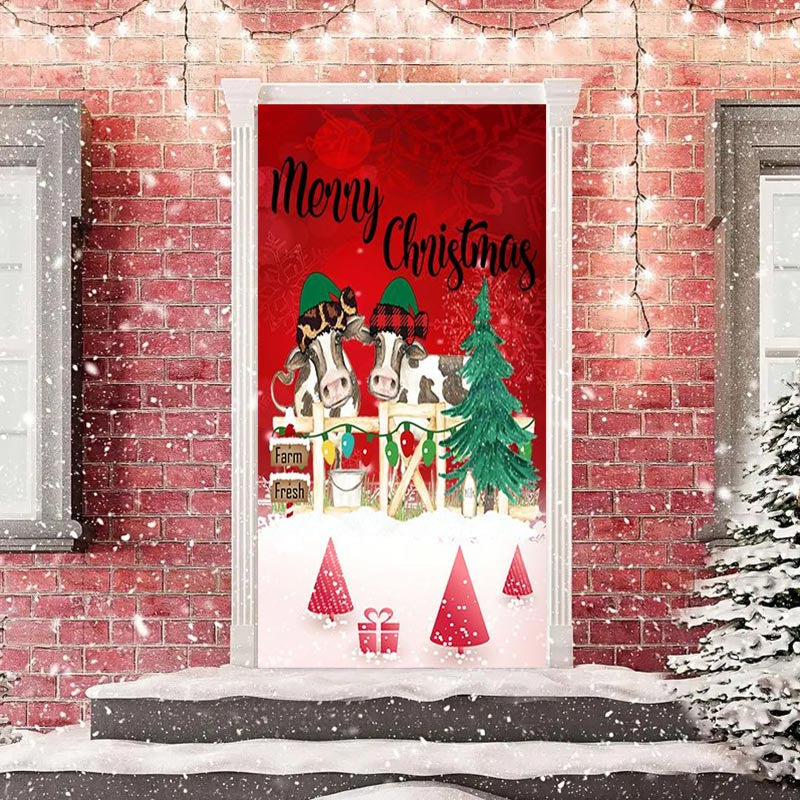 Lofaris Farm Bullpen Cows Tree Snow Christmas Door Cover