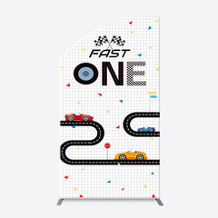 Lofaris Fast One Racing Track Plaid Arch Birthday Backdrop