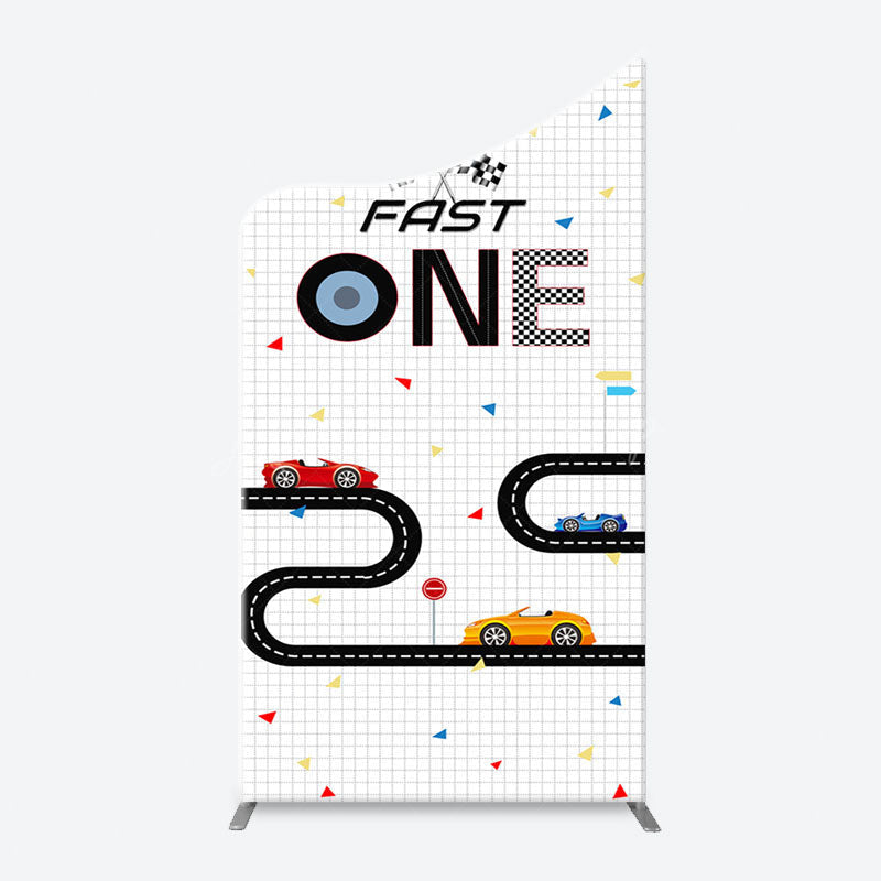 Lofaris Fast One Racing Track Plaid Arch Birthday Backdrop