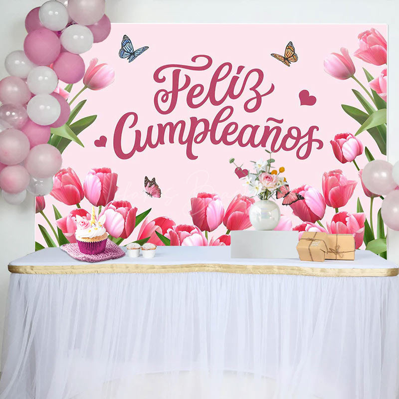 Lofaris Feliz Cumpleanos Pink Tulip Spring Birthday Backdrop