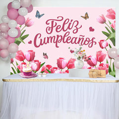 Lofaris Feliz Cumpleanos Pink Tulip Spring Birthday Backdrop