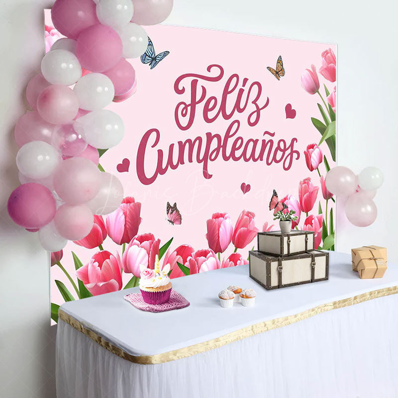 Lofaris Feliz Cumpleanos Pink Tulip Spring Birthday Backdrop