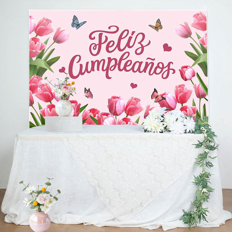 Lofaris Feliz Cumpleanos Pink Tulip Spring Birthday Backdrop
