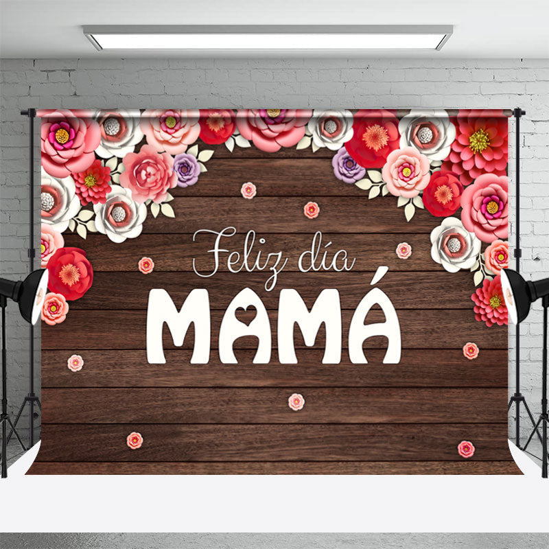 Lofaris Feliz Dia Mama Red Floral Wooden Mothers Day Backdrop