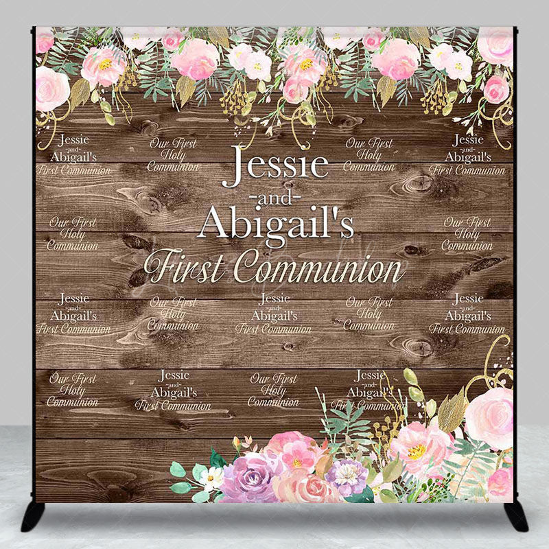 Lofaris First Communion Floral Wood Custom Baptism Backdrop