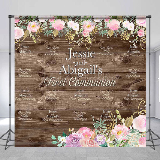 Lofaris First Communion Floral Wood Custom Baptism Backdrop