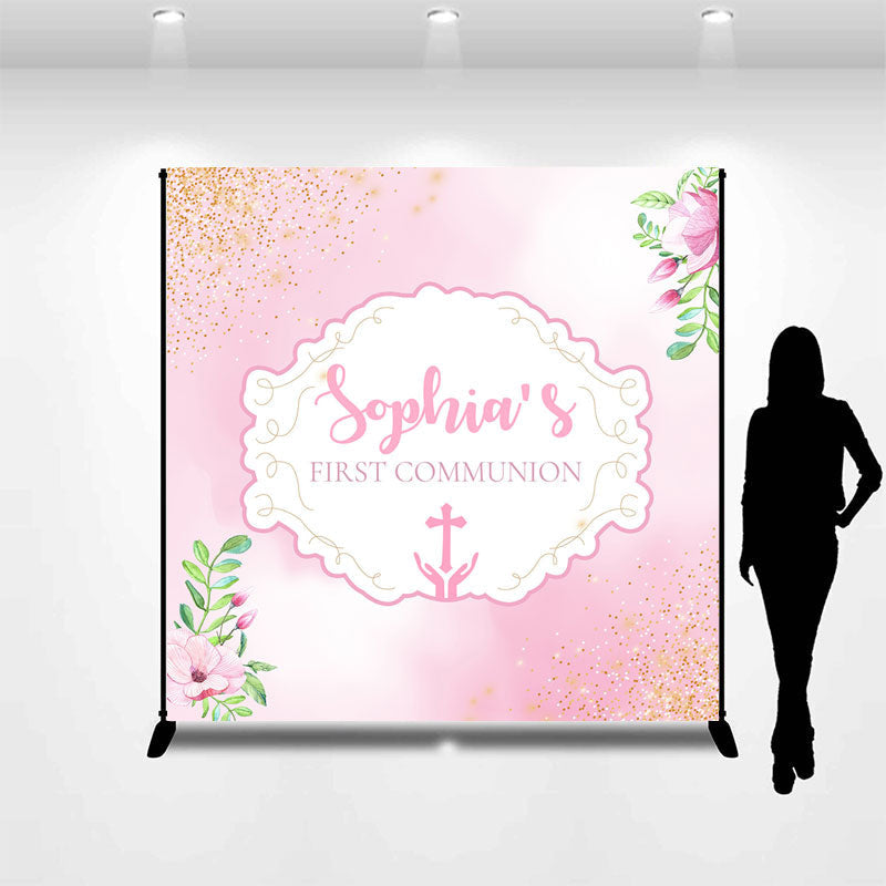 Lofaris First Communion Pink Floral Custom Baptism Backdrop